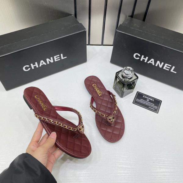 Chanel Thong Slides Red Wine For Women With Original Box