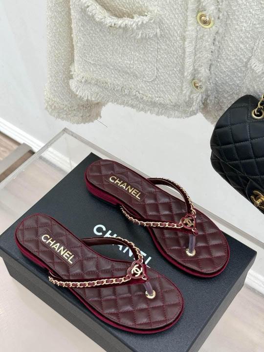 Chanel Thong Slides Red Wine For Women With Original Box