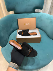 Loro Piana Summer Charms Black suede Flat Slides For Her With OG Box Black