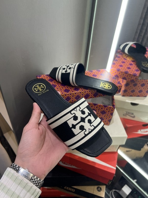 Tory Burch Double T Slide With OG Box & Dust Bag (Black - 1041)