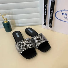 Prada Crystal Diamond Rhinestone Slides With OG Box & Dust Bag (Black)