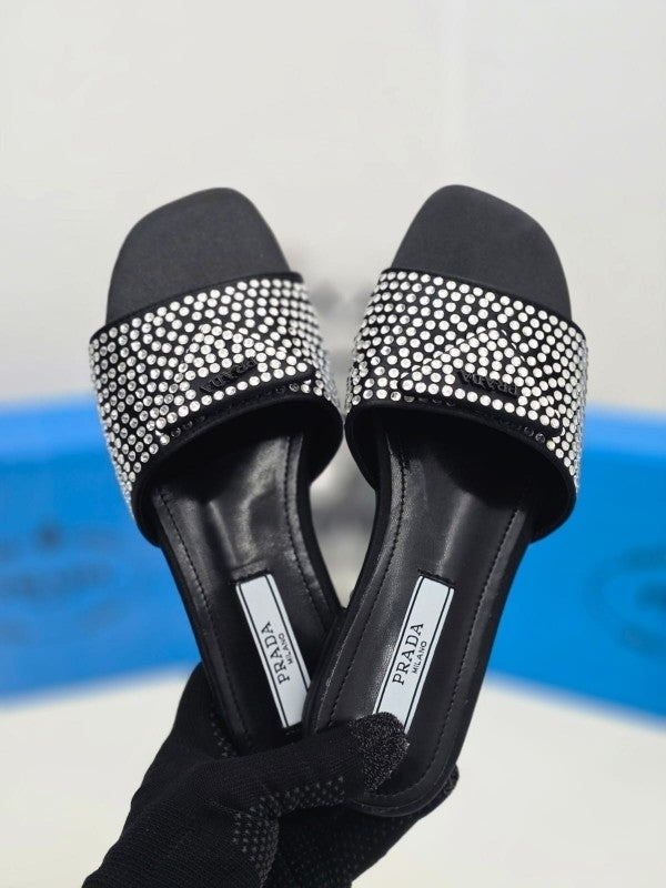 Prada Crystal Diamond Rhinestone Slides With OG Box & Dust Bag (Black)