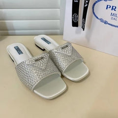 Prada Crystal Diamond Rhinestone Slides With OG Box & Dust Bag (White)