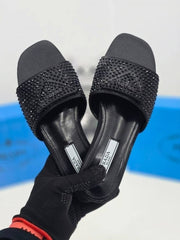 Prada Crystal Diamond Rhinestone Slides With OG Box & Dust Bag (All Black)