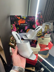 Dolce & Gabbana D&G High heel Gold Sandals With OG Box & Carry Bag (Silver-1044)