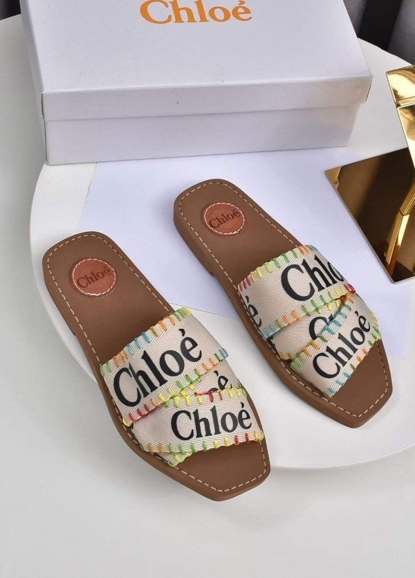 Chloe Woody Flats Slide With OG Box & Dust Bag (White Multi - 755)
