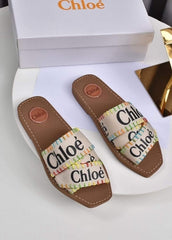 Chloe Woody Flats Slide With OG Box & Dust Bag (White Multi - 755)