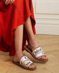 Chloe Woody Flats Slide With OG Box & Dust Bag (White Multi - 755)
