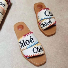 Chloe Woody Flats Slide With OG Box & Dust Bag (White Multi - 755)