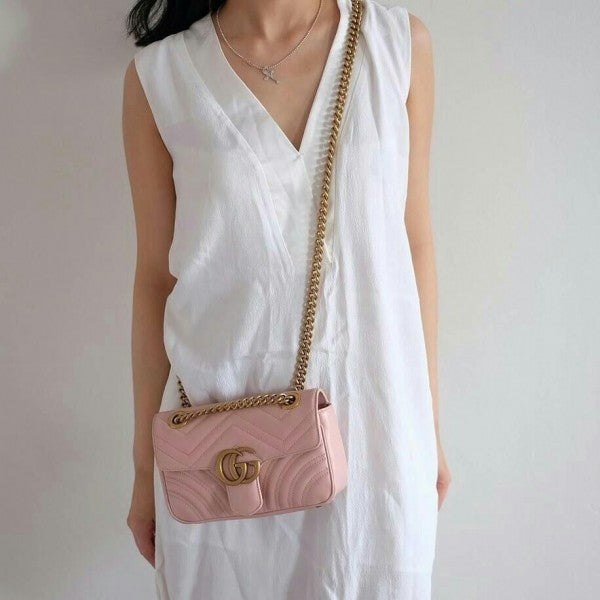 Gucci GG Marmont Mini Matelasse Shoulder Bag With OG Box & Dust Bag (Pink - 908)