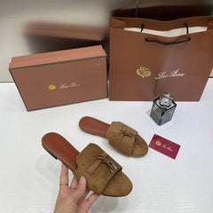Loro Piana Summer Charms Brown suede Flat Slides For Her With OG Box Brown