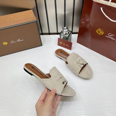 Loro Piana Summer Charms Grey suede Flat Slides For Her With OG Box Grey