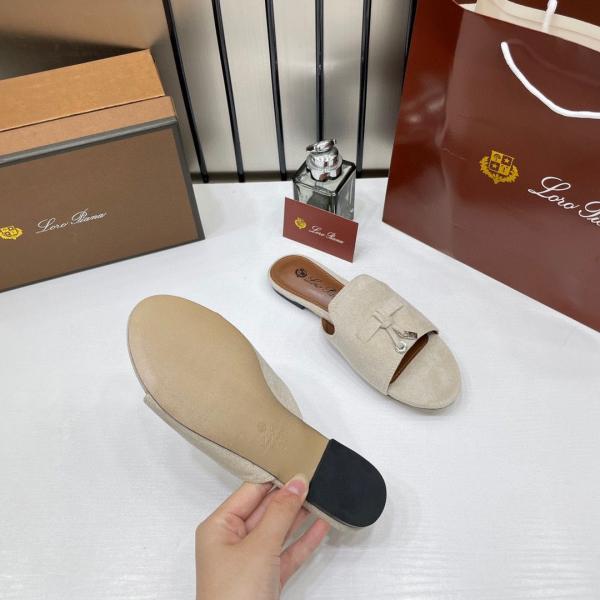 Loro Piana Summer Charms Grey suede Flat Slides For Her With OG Box Grey