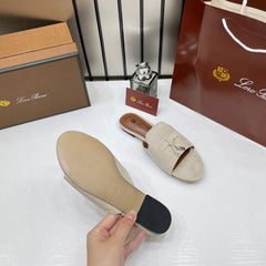 Loro Piana Summer Charms Grey suede Flat Slides For Her With OG Box Grey