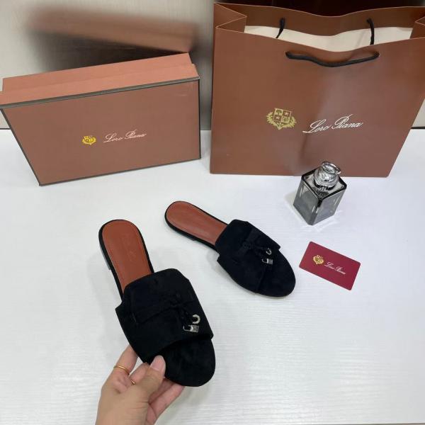 Loro Piana Summer Charms Black suede Flat Slides For Her With OG Box Black