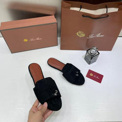 Loro Piana Summer Charms Black suede Flat Slides For Her With OG Box Black