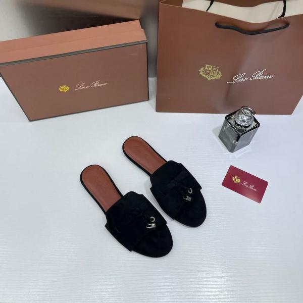 Loro Piana Summer Charms Black suede Flat Slides For Her With OG Box Black