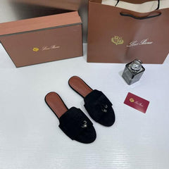 Loro Piana Summer Charms Black suede Flat Slides For Her With OG Box Black