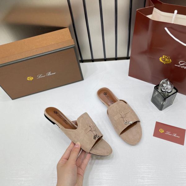 Loro Piana Summer Charms Apricot suede Flat Slides For Her With OG Box Apricot