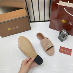 Loro Piana Summer Charms Apricot suede Flat Slides For Her With OG Box Apricot