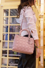 Christian Dior Lady Dior Handbag Leather Matte Pink With OG Box & Dust Bag 621 Pink