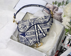 Dior Saddle Blue Toile de Jouy Embroidery With OG Box & Dust Bag (Blue Tiger 1035)