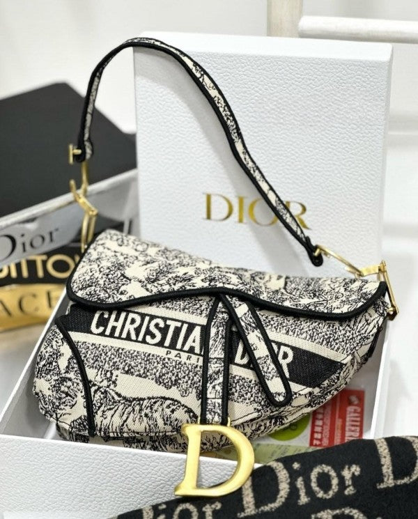 Dior Saddle Black Toile de Jouy Embroidery With OG Box & Dust Bag (Black Tiger 129)
