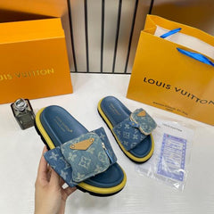 Louis Vuitton X Murakami Comfort Mules Denim Blue With OG Box & Carry Bag