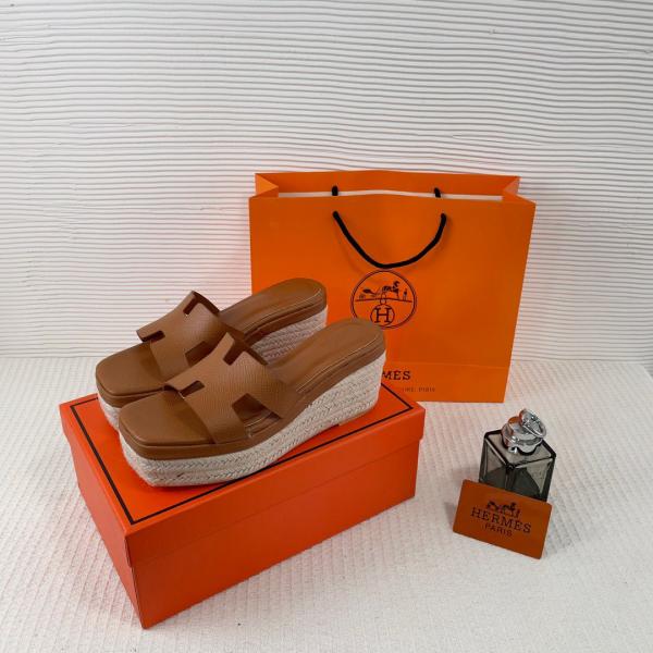 Hermes Brown Oran Wedge Platform Sandal Heel With OG Box & Carry Bag Brown Leather