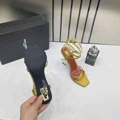 Ysl Saint Laurent Paris Opyum Satin Crepe Cuba Gold Patent Cassandra Sandals Heel With OG Box Dust Bag