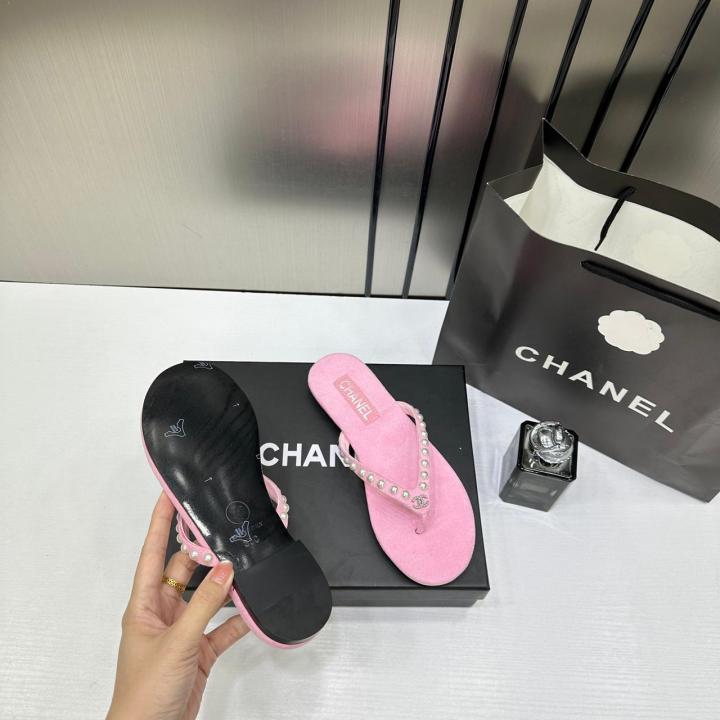 Chanel Pearl Embellished Pink Velvet Thong Slide With OG Box & Carry Bag 2428C Pink