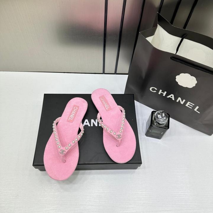 Chanel Pearl Embellished Pink Velvet Thong Slide With OG Box & Carry Bag 2428C Pink