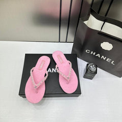 Chanel Pearl Embellished Pink Velvet Thong Slide With OG Box & Carry Bag 2428C Pink