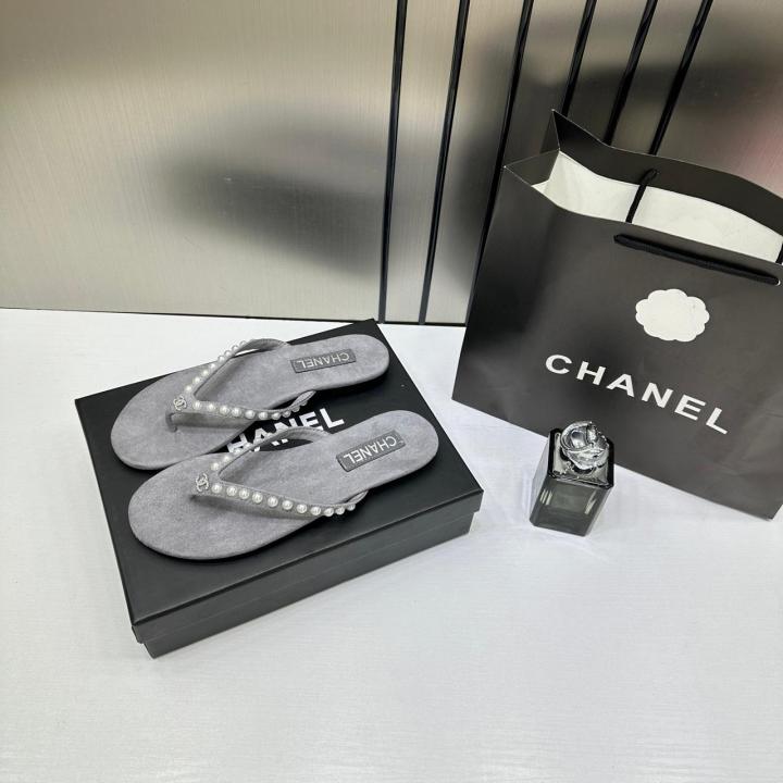 Chanel Pearl Embellished Grey Velvet Thong Slide With OG Box & Carry Bag 2428C Grey