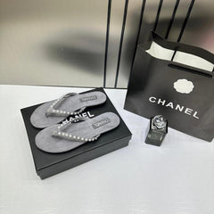 Chanel Pearl Embellished Grey Velvet Thong Slide With OG Box & Carry Bag 2428C Grey