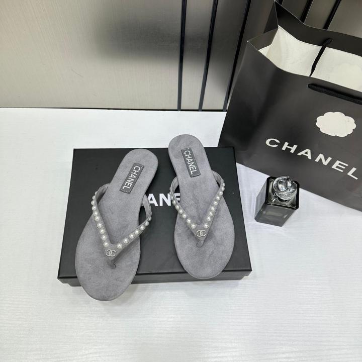 Chanel Pearl Embellished Grey Velvet Thong Slide With OG Box & Carry Bag 2428C Grey
