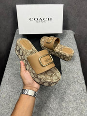 Coach Signature Pattern Apricot Platform Mules With OG Box & Dust Cover 6622-7 Apricot