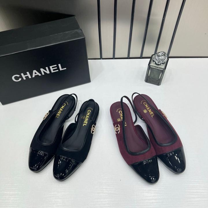 Chanel Slingbacks Burgundy Suede Patent Black Leather Cap Toe With OG Box Dust Cover Card Wine 17605