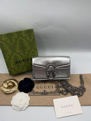 Gucci Dionysus Mini Bag In Silver Leather With OG Box Dust Cover & Carry Bag Silver 476430