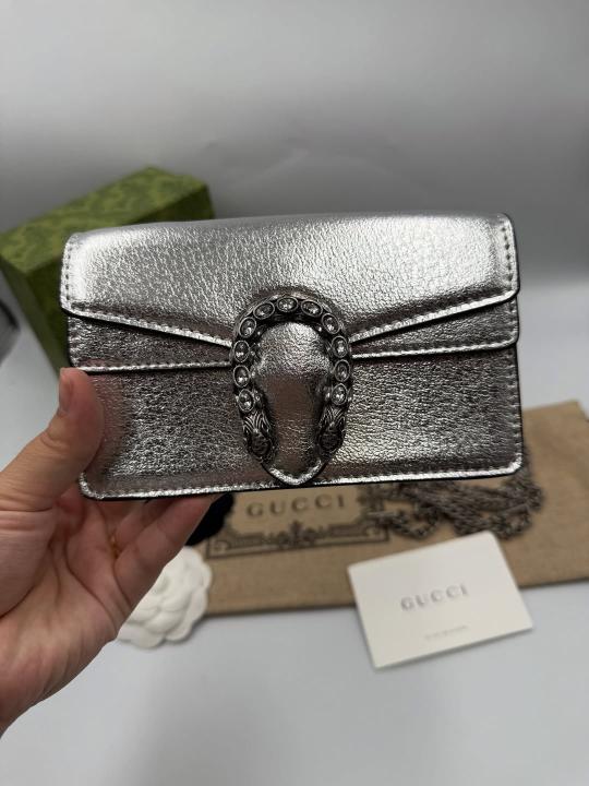 Gucci Dionysus Mini Bag In Silver Leather With OG Box Dust Cover & Carry Bag Silver 476430
