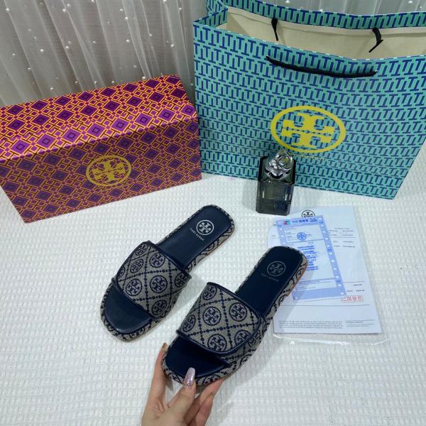 Tory Burch T Monogram Bubble Slide Sandal Jacquard Flat With OG Box & Carry Bag 45623 Blue