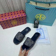 Tory Burch T Monogram Bubble Slide Sandal Jacquard Flat With OG Box & Carry Bag 45623 Blue