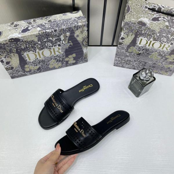 Christian Dior D Lane Slide Black Flats Openwork Microcannage Motif With OG Box & Carry Bag 1892 Black