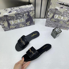 Christian Dior D Lane Slide Black Flats Openwork Microcannage Motif With OG Box & Carry Bag 1892 Black