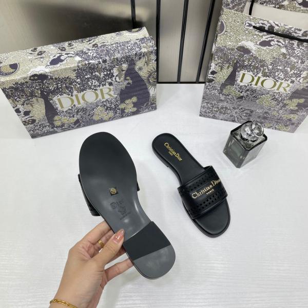 Christian Dior D Lane Slide Black Flats Openwork Microcannage Motif With OG Box & Carry Bag 1892 Black