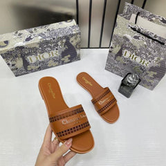 Christian Dior D Lane Slide Brown Flats Openwork Microcannage Motif With OG Box & Carry Bag 1892 Brown