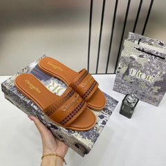 Christian Dior D Lane Slide Brown Flats Openwork Microcannage Motif With OG Box & Carry Bag 1892 Brown