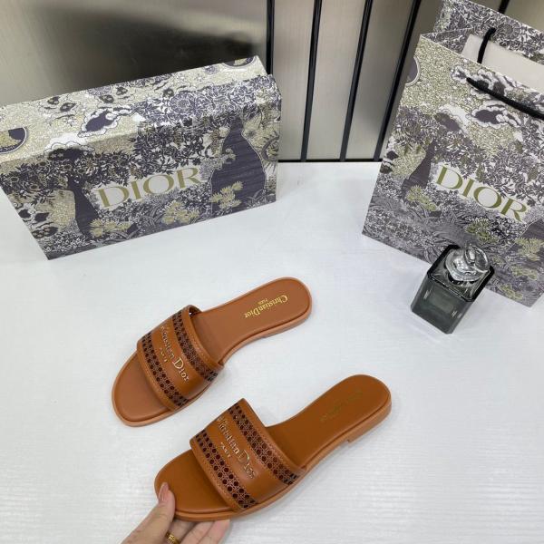 Christian Dior D Lane Slide Brown Flats Openwork Microcannage Motif With OG Box & Carry Bag 1892 Brown