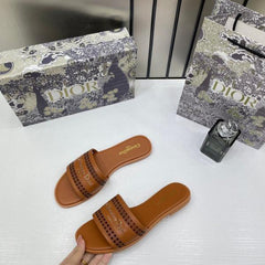 Christian Dior D Lane Slide Brown Flats Openwork Microcannage Motif With OG Box & Carry Bag 1892 Brown