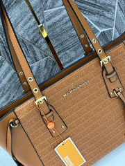 Michael Kors 4 2 Tan Voyager Tote Emboss Monogram With DustCover CarryBag